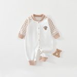 【59-90cm】ロンパース ベビー チェック袖 クマロゴ - 画像 (3)