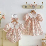【66-140cm】ロンパース or ワンピース ベビー レース襟 パフスリーブ 花柄 - 画像 (3)