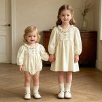 【66-130cm】ロンパースorワンピース 女の子 姉妹服 クリーム パフスリーブ - 画像 (6)