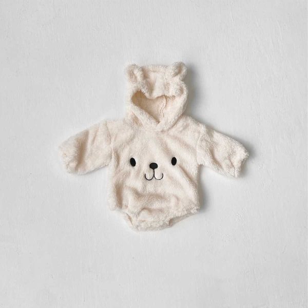 【66-90cm】ロンパース ベビー もこもこ クマ 帽子付き