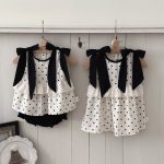 【73-100cm】ワンピースorセットアップ ベビー ドット柄 リボン - 画像 (2)