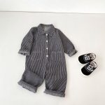 【73-110cm】オールインワン デニム ストライプ 折り襟 - 画像 (3)