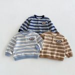 【80-130cm】長袖Tシャツ 男の子 ボーダー ワッペン
