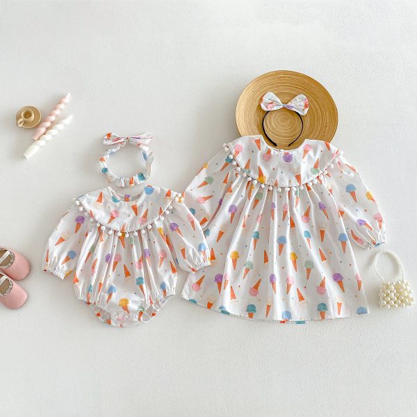 【66-90cm】ロンパース or ワンピース ベビー アイスクリーム プリント