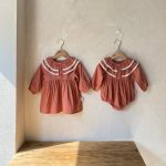 【66-100cm】ロンパースorワンピース ベビー ダブルフリル ビッグカラー