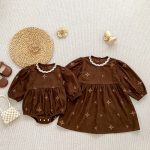【66-130cm】ロンパースorワンピース 姉妹コーデ 刺繍 コーデュロイ