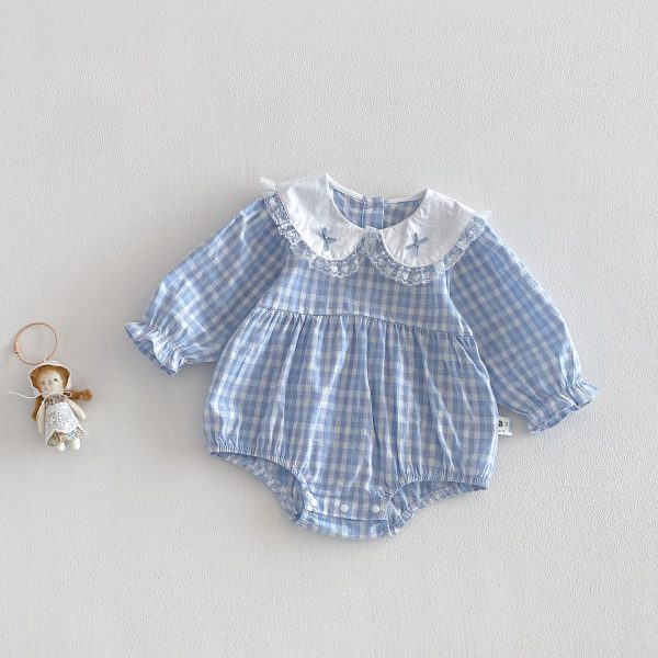 【66-90cm】ロンパース ベビー フリル襟 チェック