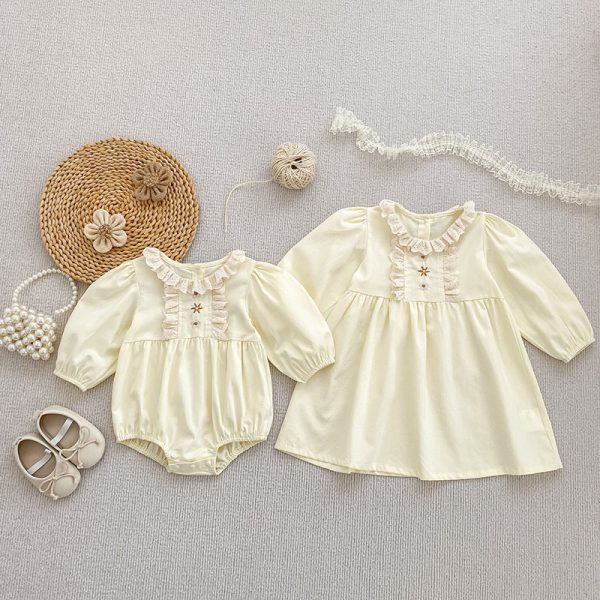 【66-130cm】ロンパースorワンピース 女の子 姉妹服 クリーム パフスリーブ