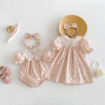 【66-140cm】ロンパース or ワンピース ベビー レース襟 パフスリーブ 花柄