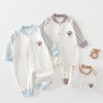 【59-90cm】ロンパース ベビー チェック袖 クマロゴ - 画像 (2)