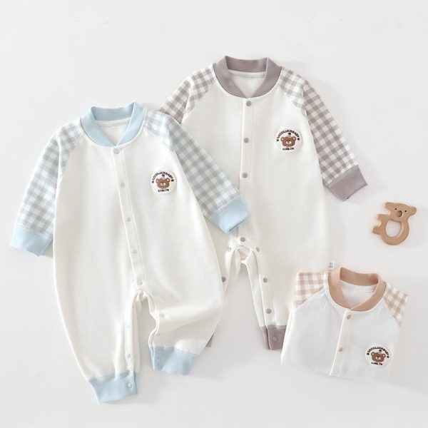【59-90cm】ロンパース ベビー チェック袖 クマロゴ