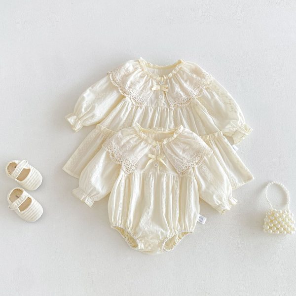 【66-90cm】ロンパースorワンピース ベビー 姉妹服 レース花襟