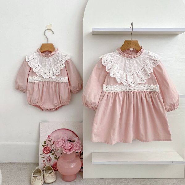 【66-130cm】ロンパースorワンピース 女の子 姉妹服 フリル襟