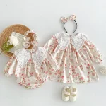 【66-120cm】ロンパース or ワンピース ベビー レース襟 花柄