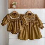 【66-130cm】ロンパースor長袖ワンピース 女の子 姉妹コーデ 刺繍入り