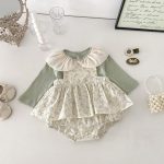 【66-90cm】サロペットロンパース ベビー 花柄 チュール襟