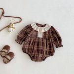 【66-90cm】ロンパース ベビー チェック柄 フリルカラー