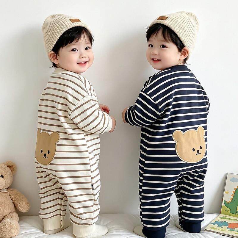 ba62c446866b58f18dcaba4b6fdbfd67.jpg 【66-90cm】ロンパース ベビー クマ柄 ボーダー - 画像 (1)
