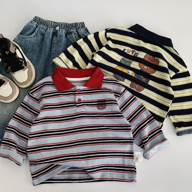 e77f779a8d65caf9bb8b6ec50820d5a7.jpg 【90-130cm】長袖Tシャツ 男の子 ボーダー柄 ポロシャツ - 画像 (1)