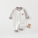 【59-90cm】ロンパース ベビー チェック袖 クマロゴ - 画像 (4)