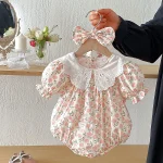 【66-140cm】ロンパース or ワンピース ベビー レース襟 パフスリーブ 花柄 - 画像 (4)