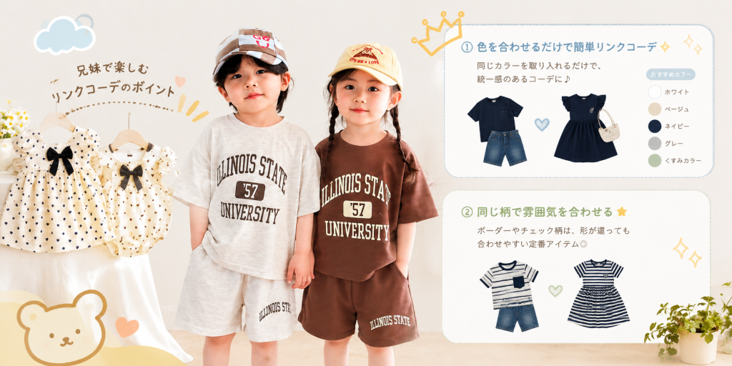 兄弟姉妹で楽しむ子ども服のおそろいコーデ。兄妹・姉妹・姉弟におすすめのリンクコーデと子ども服アイテム。