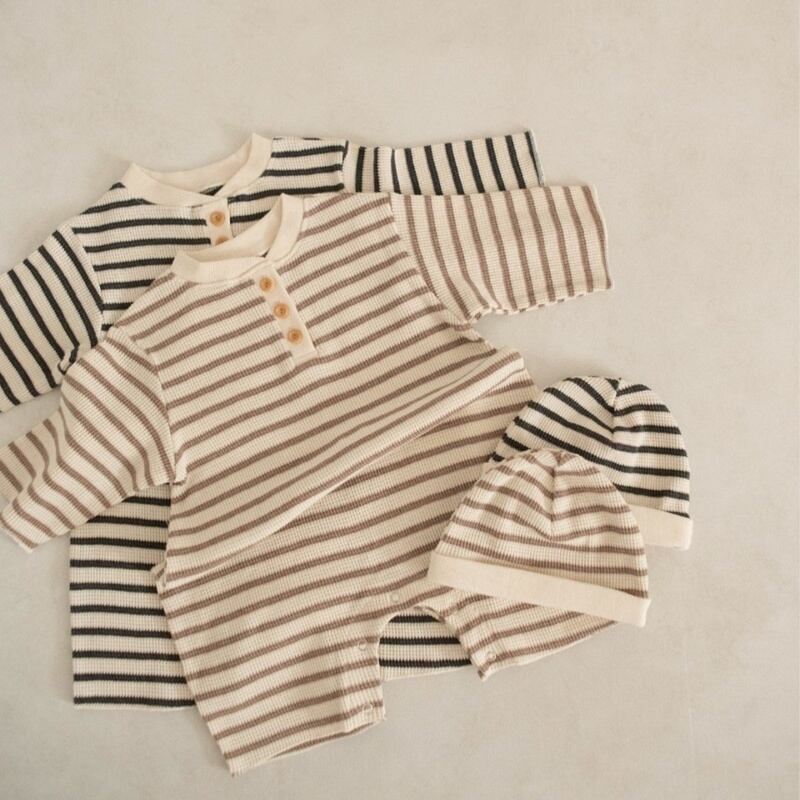 059deb2b653e0349dea401e6e12b3506.jpg 【66-90cm】ロンパース ベビー ワッフル ボーダー - 画像 (1)