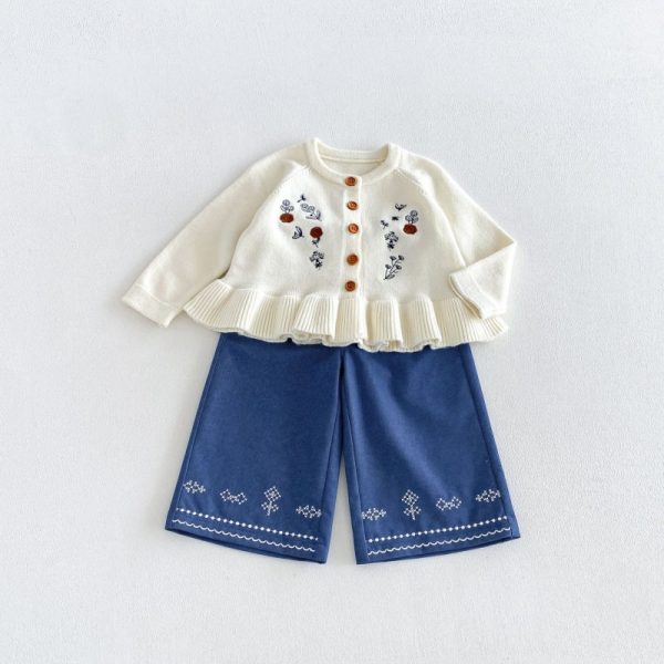 【80-130cm】カーディガンorパンツ 女の子 刺繍 ニット