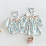 【66-130cm】ロンパースorワンピース ベビー 姉妹服 クマ柄襟 - 画像 (3)