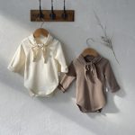 【66-90cm】長袖ロンパース ベビー リボン付き シンプル - 画像 (2)