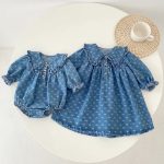 【66-110cm】ロンパースorワンピース ベビー デニム 蝶結び柄 - 画像 (3)