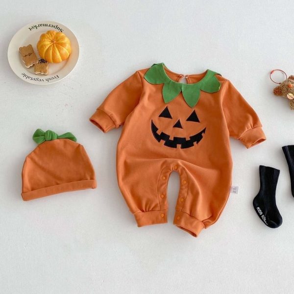 【66-90cm】オールインワン＆帽子 ベビー かぼちゃ ハロウィン