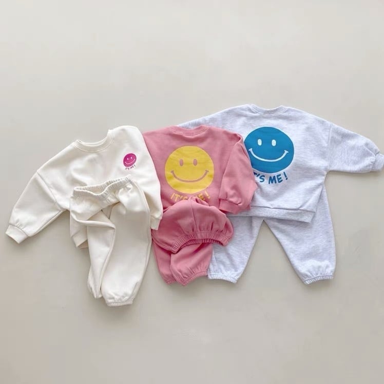 43164adb3da46ad2094a88711e204af7.jpg 【80-120cm】セットアップ 女の子 スマイル プリント - 画像 (1)