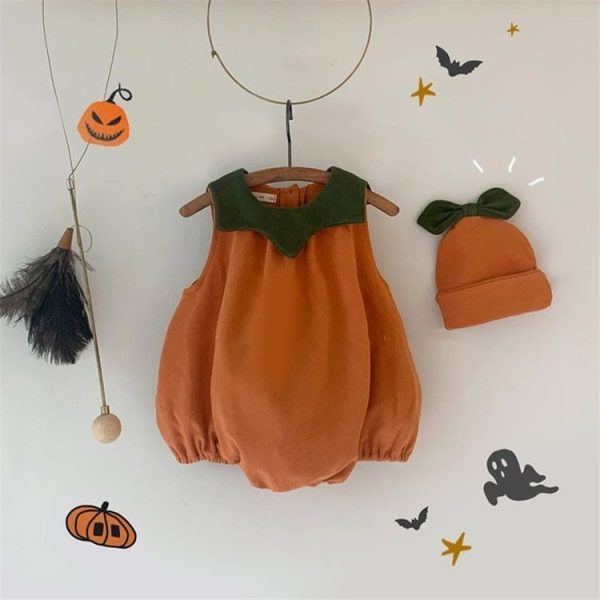 【66-90cm】ロンパース ベビー ハロウィン 帽子付き パンプキン