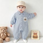 【66-90cm】ロンパース ベビー ストライプ ドッグロゴ