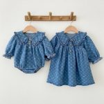 【66-110cm】ロンパースorワンピース ベビー デニム 蝶結び柄