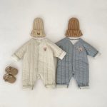 【66-90cm】ロンパース ベビー くま刺繍 中綿 防寒