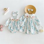 【66-130cm】ロンパースorワンピース ベビー 姉妹服 クマ柄襟