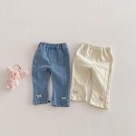 【80-120cm】デニムパンツ 女の子 リボン付き 無地