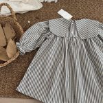 【90-140cm】ワンピース 女の子 ストライプ 襟付き ポケット付き