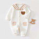 【59-90cm】ロンパース ベビー クマ柄 チェック襟