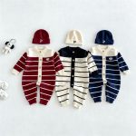 【66-90cm】ロンパース ベビー 暖かい ドッグ ボーダー
