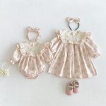 【66-130cm】ロンパースorワンピース 女の子 姉妹服 蝶結び パフスリーブ