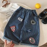 【80-130cm】パンツ 男の子 ストライプ ワッペン付き