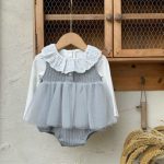 【73-90cm】Tシャツorロンパース 女の子 レース襟 チュール 切替