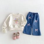 【73-110cm】トレーナー＆パンツ 女の子 蝶結び デニム