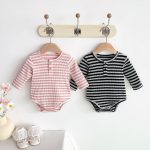 【66-90cm】ロンパース ベビー 長袖 ボーダー カジュアル