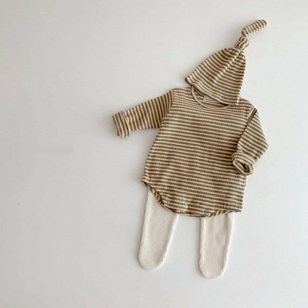 【80-90cm】ロンパース&帽子 ベビー ワッフル ボーダー